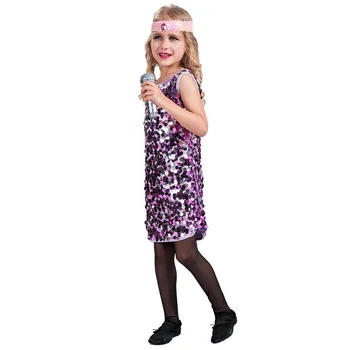70s Purple sequin dresses for children girls Halloween child disco Diva cosplay costume kids dance queen fancy dress