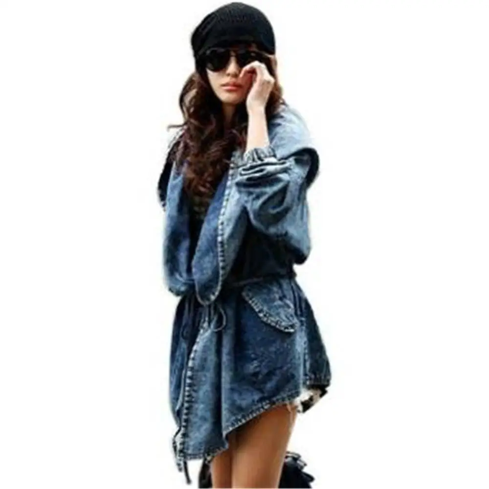 New European And American Loose Large Size Cloak Tie Waist Hooded Denim  Jacket For Women Long Coat - Buy Denim Jacket,Hooded Denim Jacket,Denim  Jacket For Women Product on 