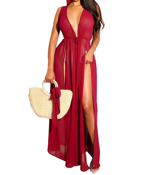 See Through High Split Deep v Neck Transparent Maxi Dresses for Beach