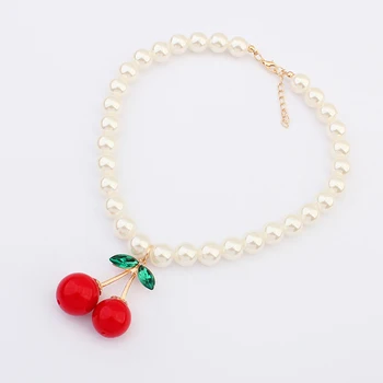 kids costume jewelry Korea new fashion cherry design fake gemstone cheap pearl necklaces PN1961