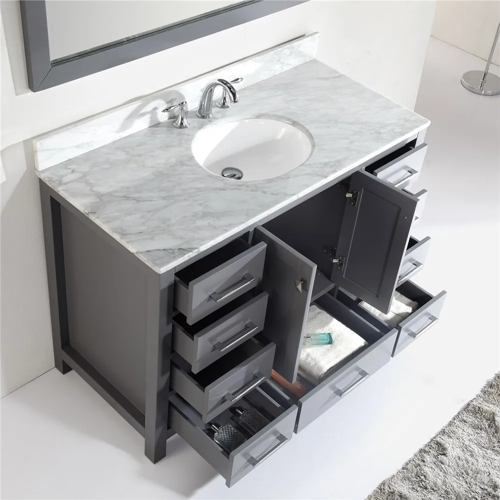 48 Inch Grey Finished Wooden Bathroom Vanity with Mirror and Marble Countertop