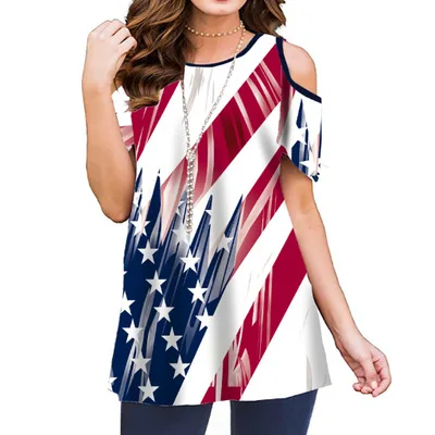 Camiseta de manga corta suelta con hombros descubiertos con estampada para mujer Verde Camiseta de manga corta suelta con hombros descubiertos con estampada para mujer Verde