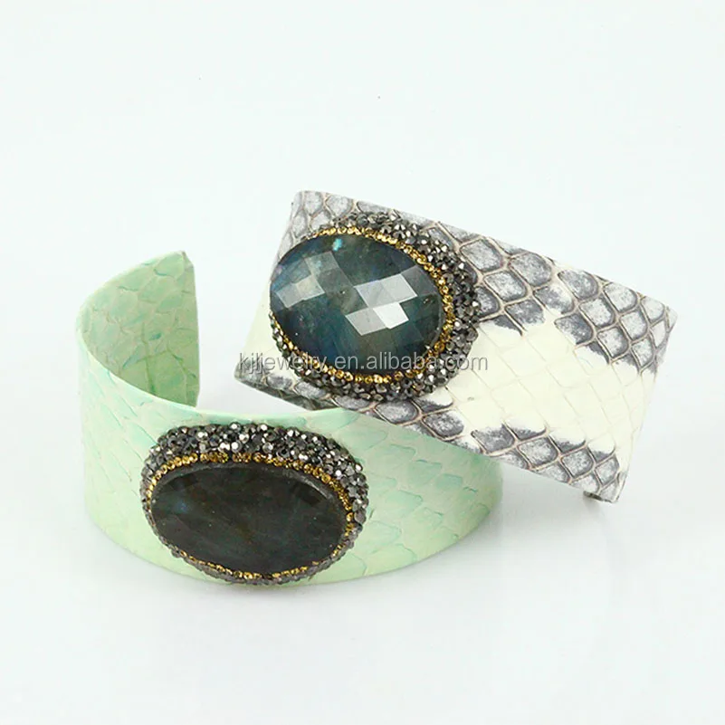 Bohemia Pave Rhinestone Green Turquoise Cuff Bracelet Bangle With Snake Python Skin Pattern Leather Open Bracelets for Women