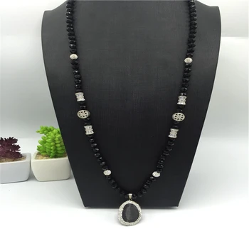 Wholesale good price handmade black long crystal beaded point pendant necklace