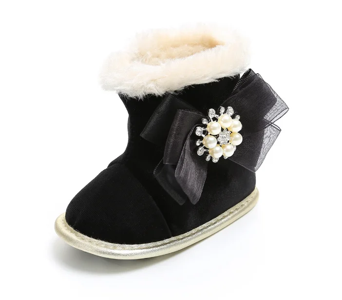 
 Детские зимние теплые ботинки на мягкой подошве с блестками из флисовой ткани с жемчужным Кружевом и бантом  
