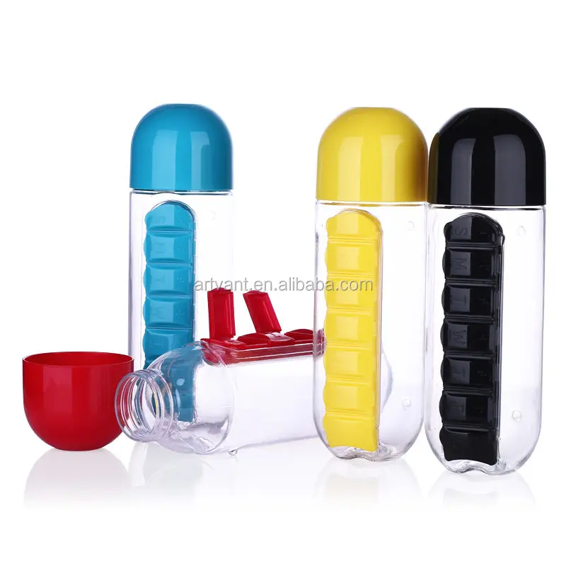 600Ml 7 Days Drug Organizer Water Bottle with Pillbox Plastic