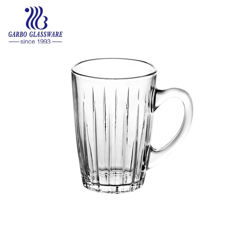 220ml Clear New Design glassware Machine Pressed 8oz Engraved Round Shape Mixing Mould Handle Glass Tea Mug