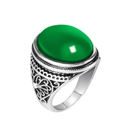 Fashion Vintage Flower Natural Emerald Ring Antique Mens Silver Agate Stone Rings For Men Jewelry