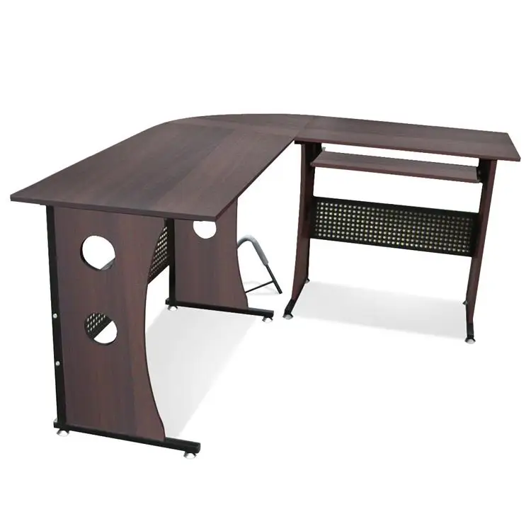 Office Corner L Shape Computer Desk of 10Mm Tempered Glass and Wooden Metal Frame