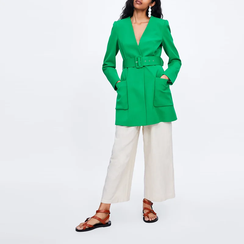 2020 New Arrival Green V Neck  Belt Frock  Blazer Women Office Ladies