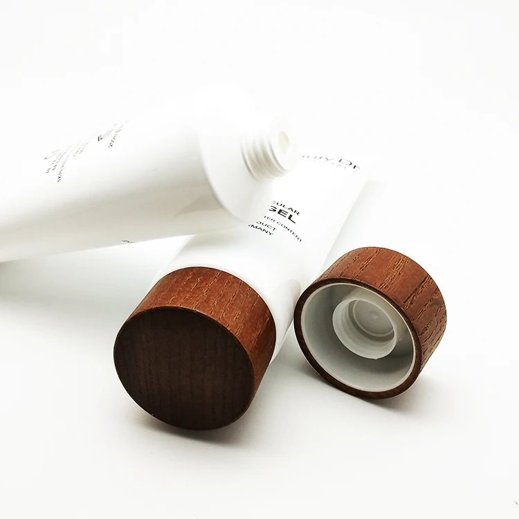 Plastic white cosmetic cream PE packaging tube with wood cap 200ml