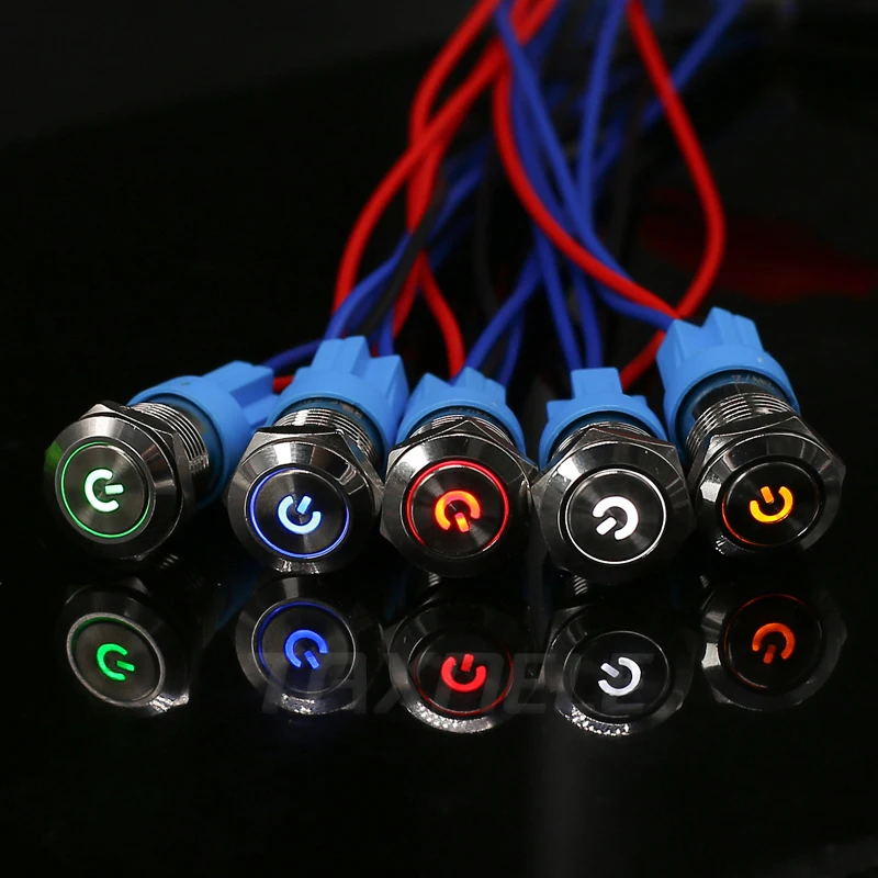 12mm LED Light Metal Push Button Switch 5 Colors 4 Pin Annular Car Power signal Power Button Switch 3V 6V 12V 24V 220V