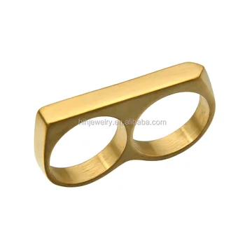 Fashion stainless steel new design gold mens two 2 finger ring