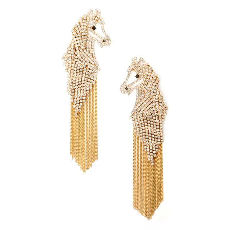 ZA European Creative Handmade Alloy Chain Tassel Horse Drop Long Bohemian Tassel Earrings for Women