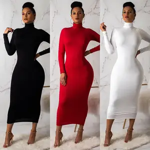 Wholesale Autumn Ladies Bodycon Dresses Sexy Zipper Full Sleeve High Collar Slim Long Dress for Women JZ550