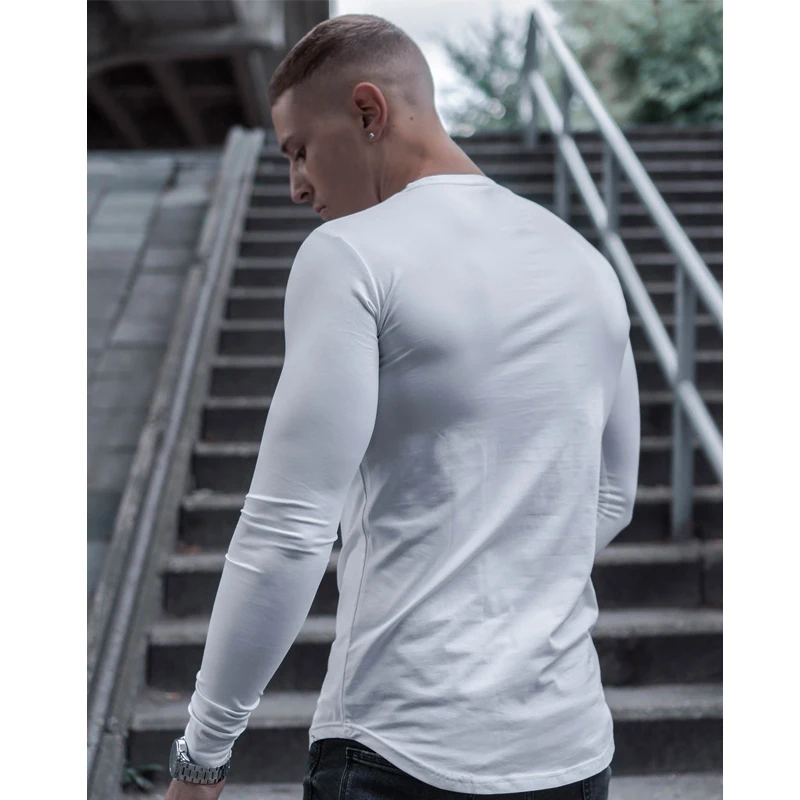 Mens Slim Muscle Fit Long Sleeve T Shirt Gym Designer Plain Curved Hem Tee  Top