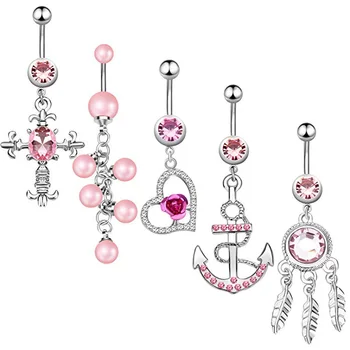 5Pcs/Set Dangle Rings Belly Button Ring Navel Sexy Pink Set Stainless Steel Jewelry 14G Belly Body Piercing for Girls