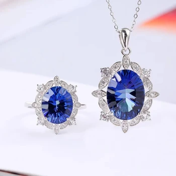 SGARIT Trendy Oval Big Gemstone Custom Jewellery 925 Sterling Silver Natural Blue Topaz Jewelry Sets Women