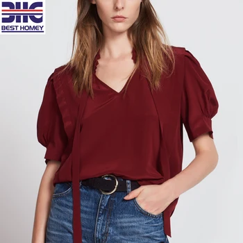 Silk tops short sleeve V neck ladies fashion design blouses for womens with tie collar