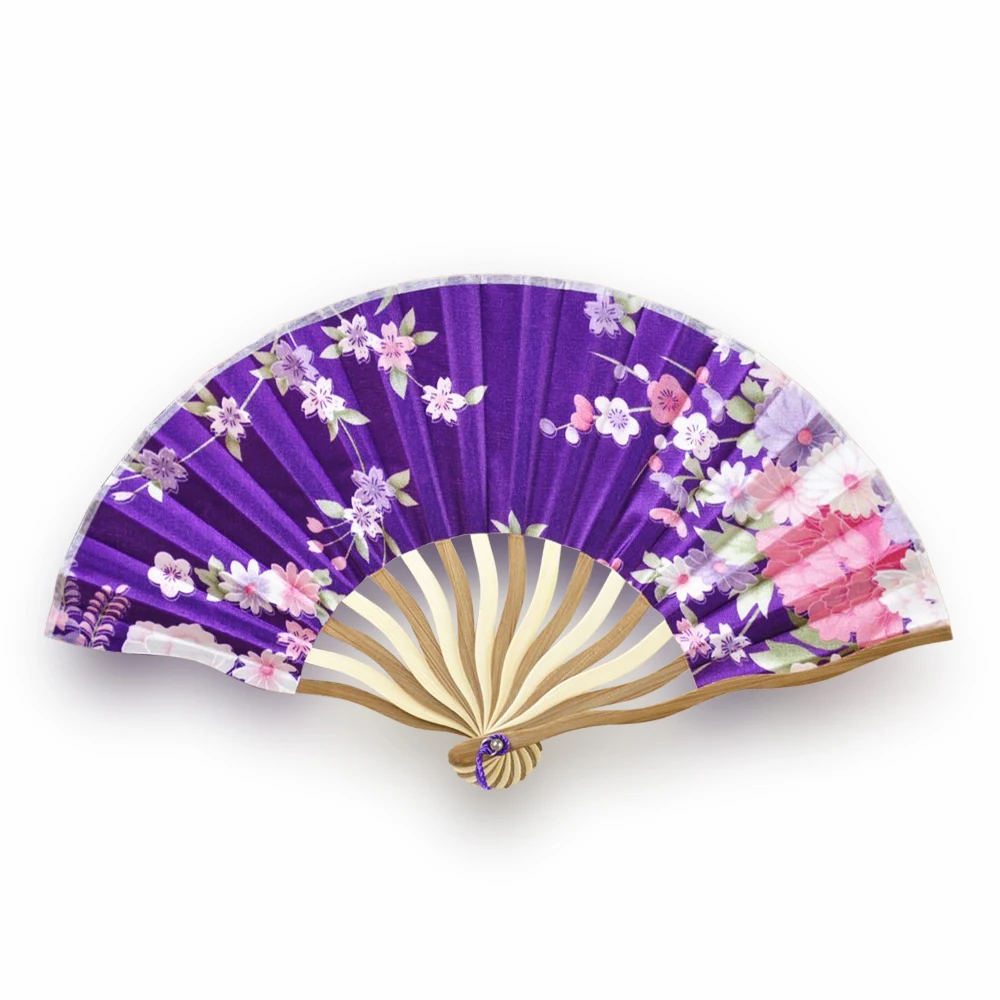 Цветочный принт изогнутая ручка из бамбука складной веер синий розовый