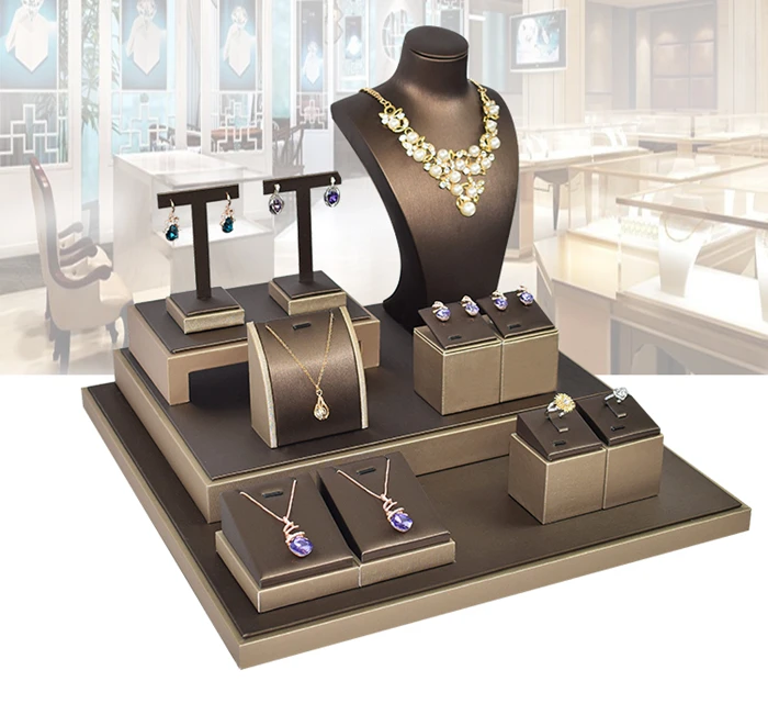 exhibición de contador de la tienda de joyería conjunto para pulsera collar anillo  expositor organizador titular de la joyería de cuero personalizado