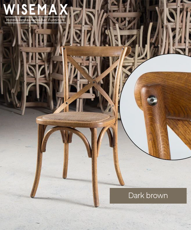 WISEMAX Modern French Style Cheap Restaurant Antique Solid Wood Dining Room Chair Stackable Wedding Cross Back Bistro Chair