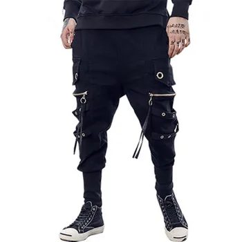 Custom Mens Black Drawstring Casual Tapered Jogger Pants Wholesale High Quality Zip Track Pants for Men