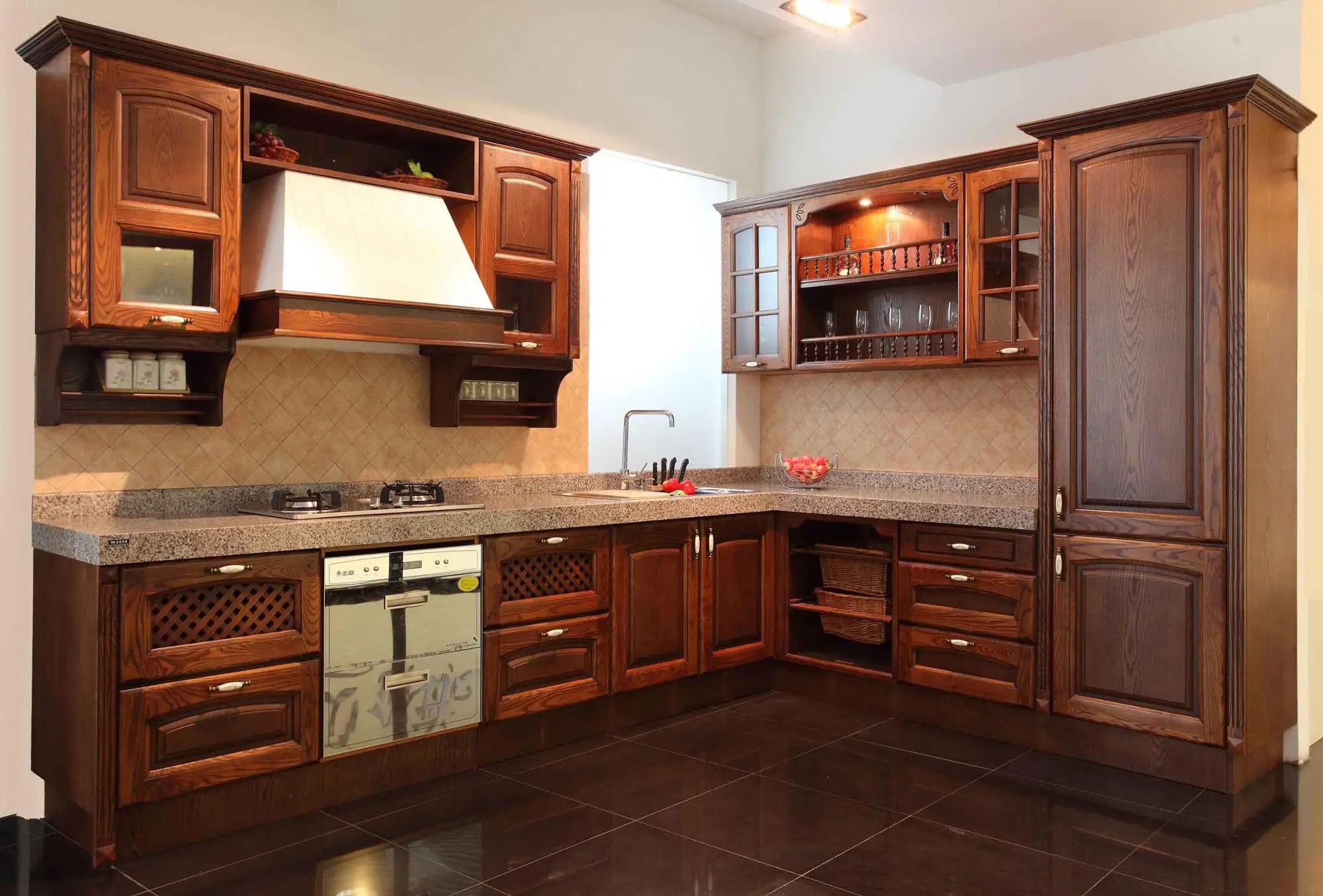 Kitchenette Open Type Red Oak Wood Kitchen Cabinet Kitchen Pantry Cupboards