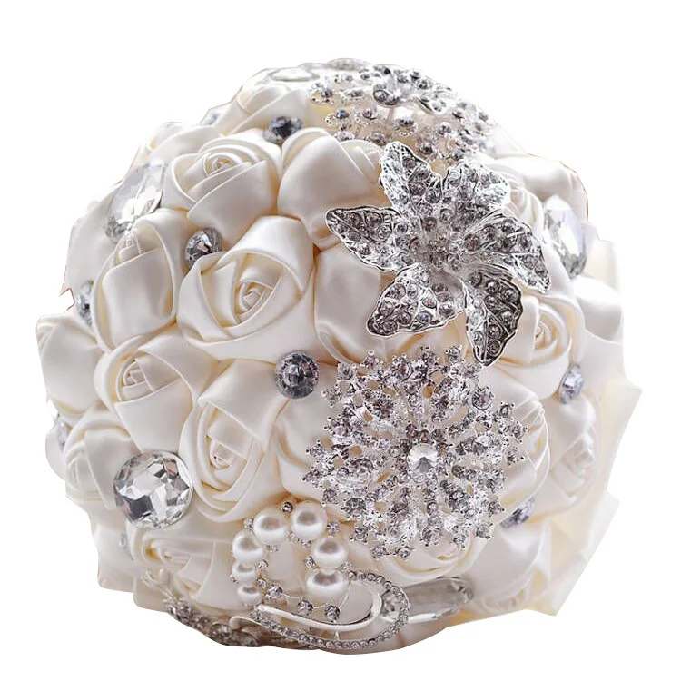 Rose Rhinestones Pearl Bridesmaid Wedding Bouquet Artificial foam Flower-White 