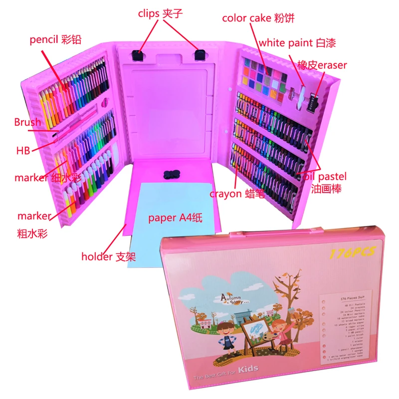 
JF88868 176 шт. 176 шт. пластиковые детские цветные карандаши, пастельный рисунок, набор для рисования акварелью с мольбертом 