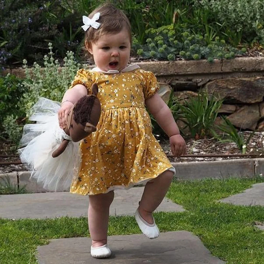 Summer Infant Baby Girls Short Sleeve Floral Print Dress Clothes Dresses