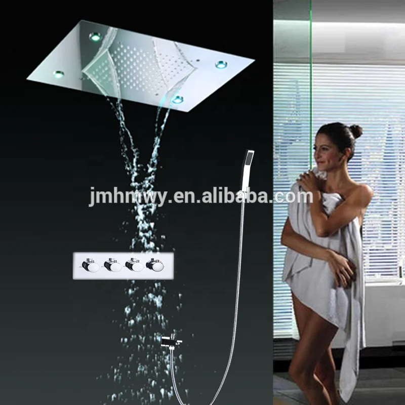 Ceiling Mount Square Fixed Rainfall Shower Head with 3 Way Thermostat Bathroom Shower Faucet Chrome and Handheld Shower Set