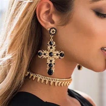 European 18k Gold Gemstone Big Cross Drop Earrings Black Diamond Cross Dangle Earrings