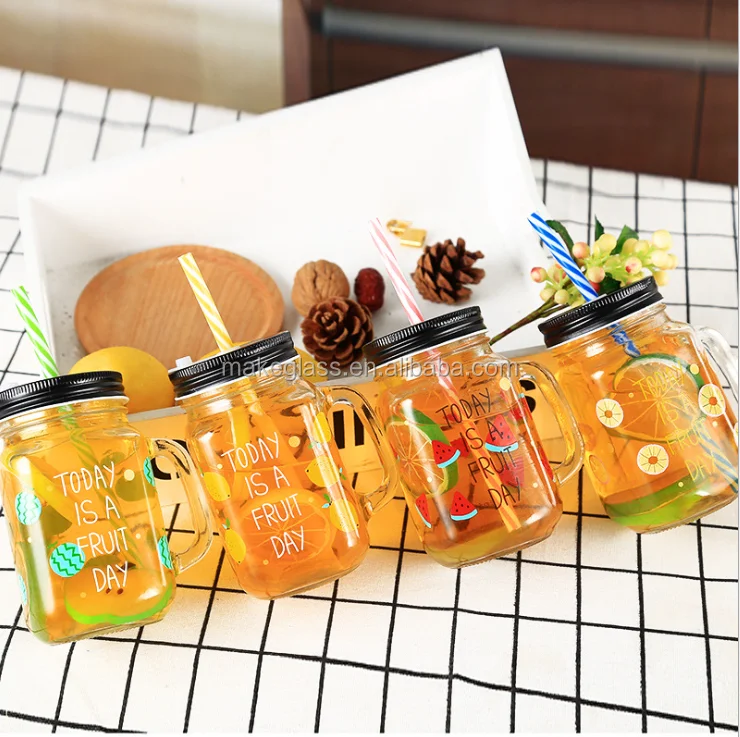 Fruit Juice Glass Mason Jar with Handle Mason Mug From Zibo Supplier
