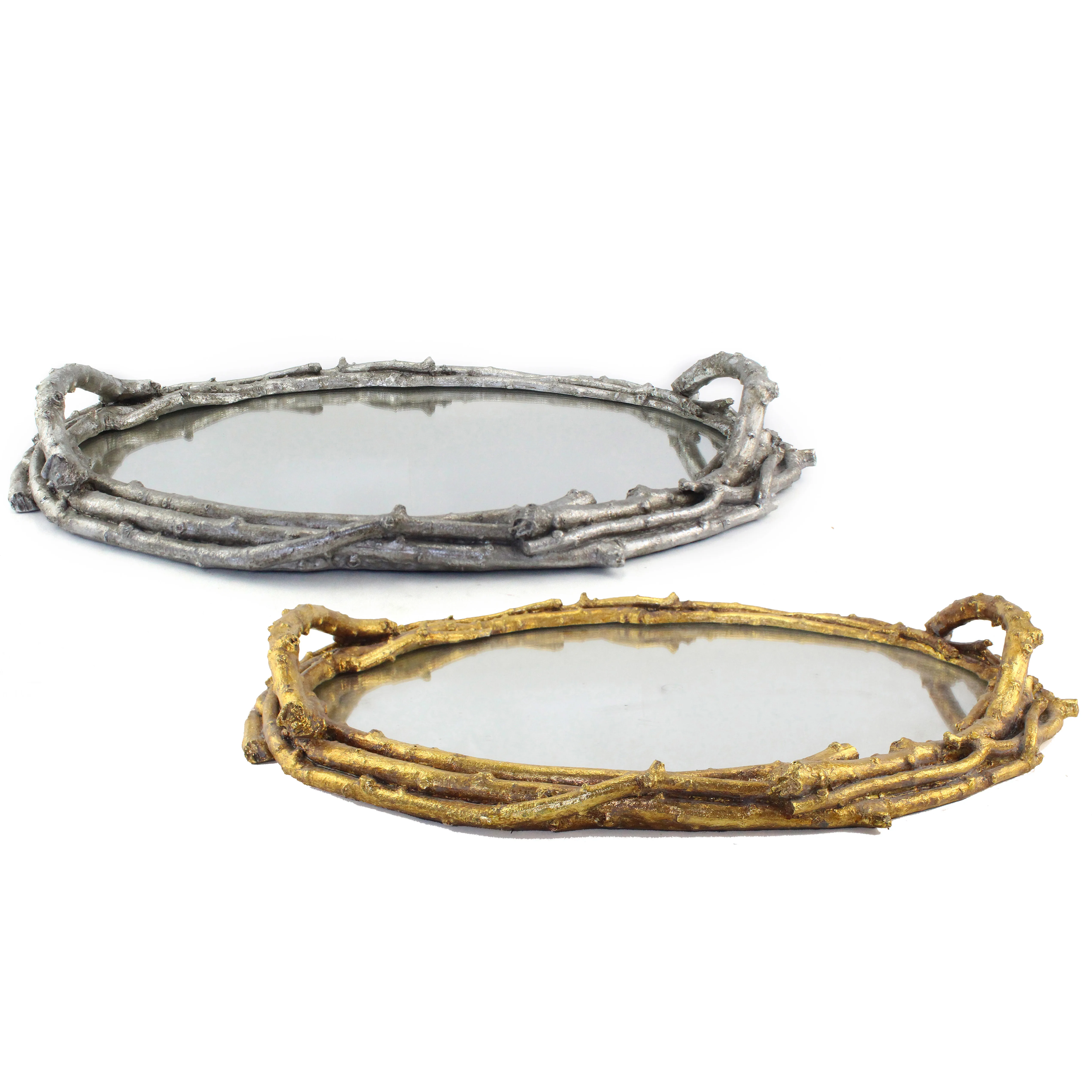 Mirror Serving Tray Gold Decorative with Resin Branch Shaped Handle for Wedding Availabile 30% Deposit Accpectable Beautiful