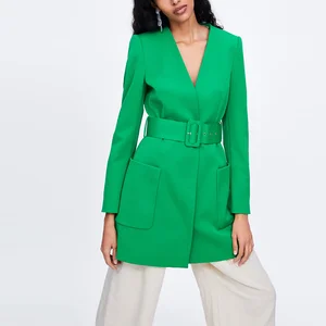 2020 New Arrival Green V Neck  Belt Frock  Blazer Women Office Ladies