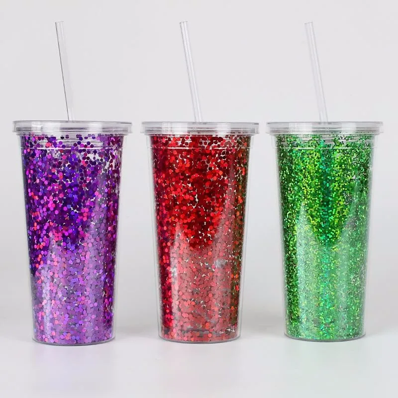 Пластиковые стаканы с двойными стенками, различные цвета, 16 унций, 20 унций, 24 унции, с блестками на заказ