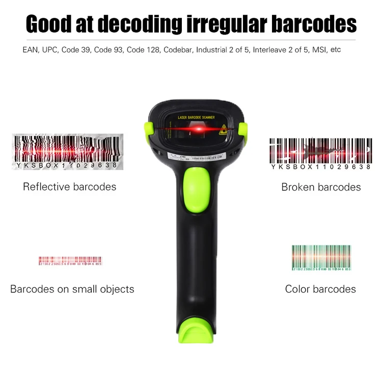 Yellow/Green/Blue/Black Optional 1D Laser BT Barcode Scanner Barcode Reader 3.3mil Resolution 2600mAh Battery