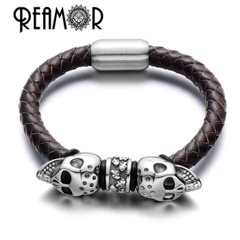 REAMOR Men 2019 New 361L Stainless Steel Skull Bead Leather Bracelet With Strong Magnetic Clasp Bangle Jewelry Bracelet for Men