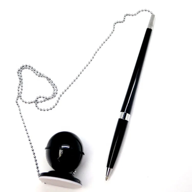 White Reception Counter Pen On Chain With Sticky Base - Ballpoint Pen With Black Ink