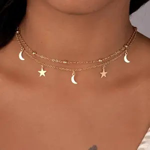 Wholesale 925 Sterling Silver Plain Moon and Star Chokers Beaded Chains with Moon Star Charms Double Chain Necklace