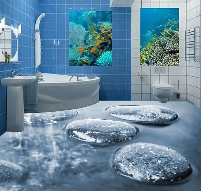 3d Water Stone Floor Bathroom 3d Wallpaper Waterproof Pvc Self-adhesive Wallpape