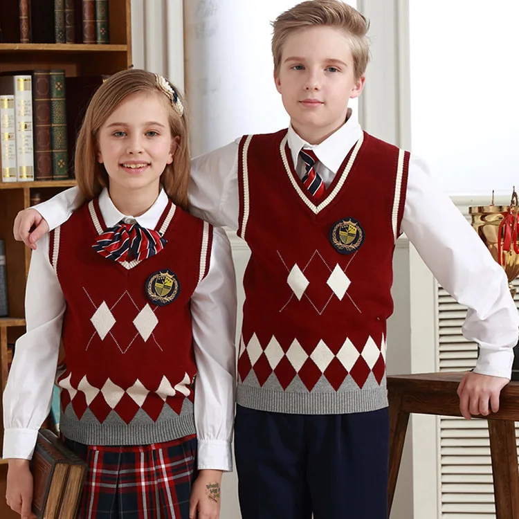 Flatting Knitting Custom Junior School Uniform Argyle Knit Sweater Vest  V-neck Pure Cotton Children Sleeveless High School