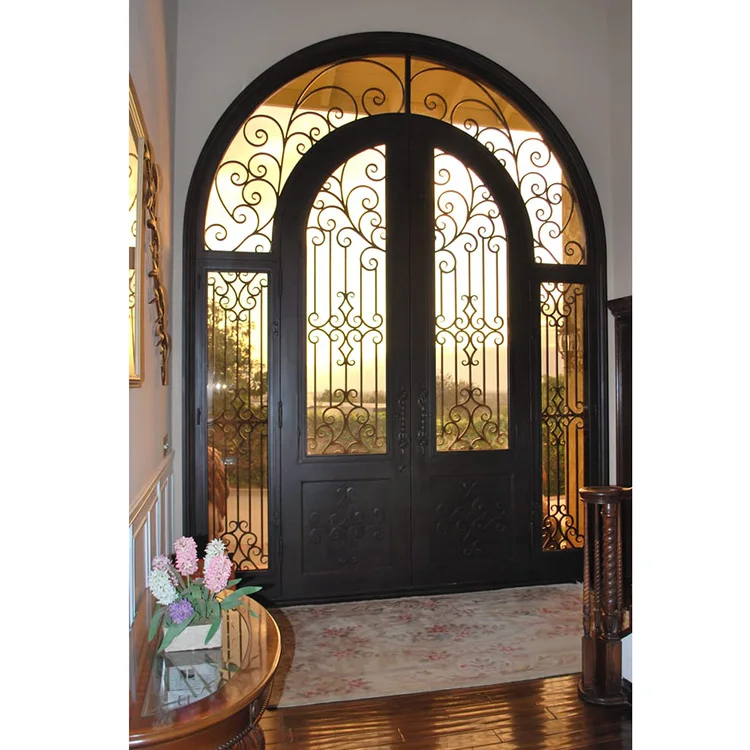 Villa Decoration Front Entry Double Wrought Iron Arch Door Church Iron Door Design