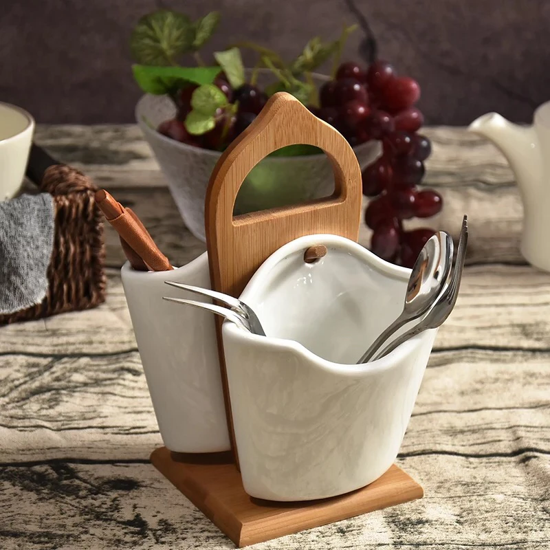 Wholesale restaurant 2 hanging bags flatware ceramic restaurant cutlery holder with wood stand