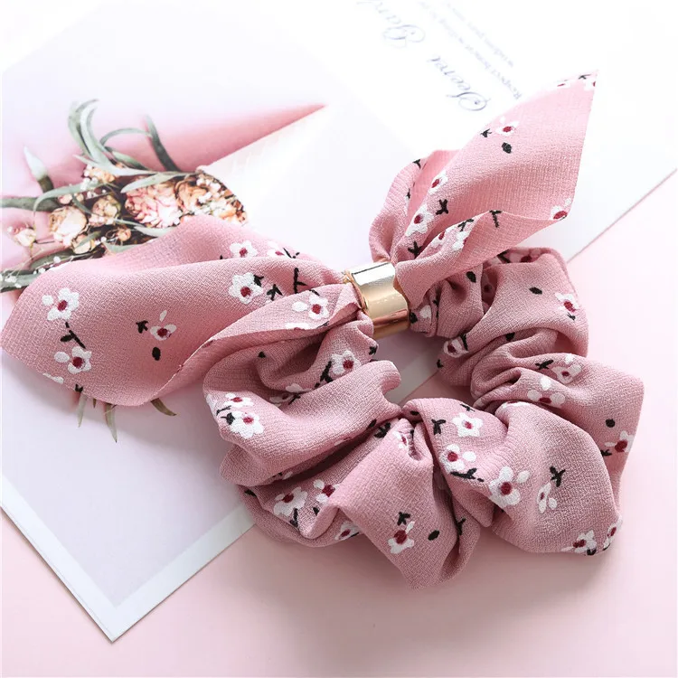 Fashion Flower Print Hair Scrunchies Bunny Ear Ponytail Holder Ties Women