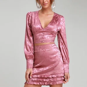 The Latest  Jacquard Floral Print Satin a Line Ruffle High  Waistband Mini Skirt Ladies