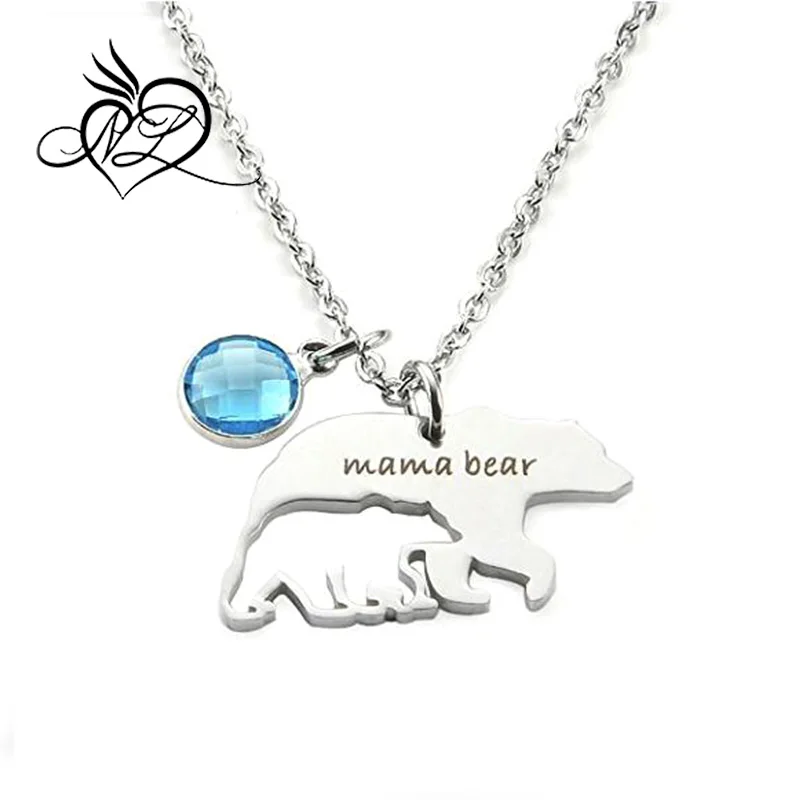 Blue Crystal Mama Bear Necklace Pendant 