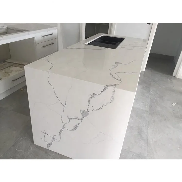 Cut-to-Size Chinese Prefab Polish Kitchen Artificial Quartz Granite Stone Carrara White Vanity Countertop with Grey Veins