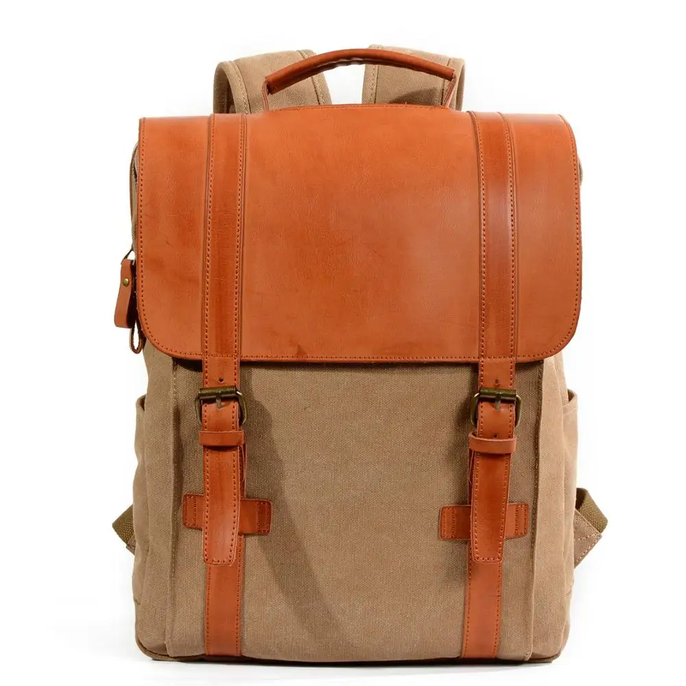 Vintage canvas stitching color leather outdoor backpack college backpack outdoor leisure backpack